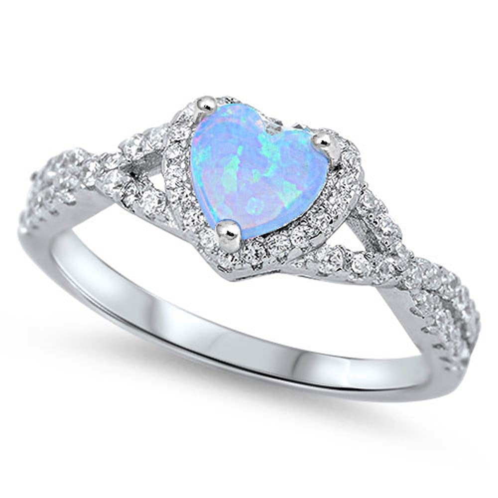 Sterling Silver Heart Shape Light Blue Lab Opal Rings with CZ Stones, Face Height 8mm