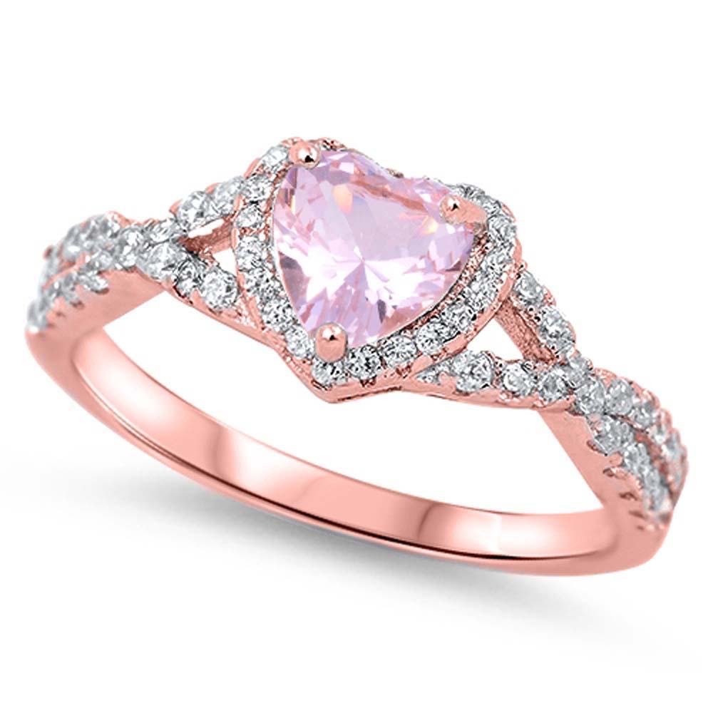 Sterling Silver Rhodium Plated Pink Morganite Heart Shaped Clear CZ Ring, Face Height 8mm