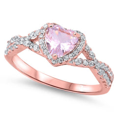 Sterling Silver Rhodium Plated Heart Shaped Clear CZ Ring With Pink MorganiteAnd Face Height 8mm