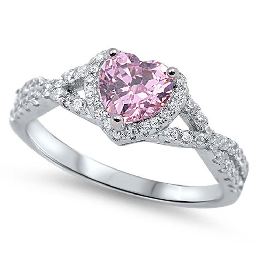 Sterling Silver Pink Heart Stone Decorated with Clear CZ Stones Ring, Face Height of 8MM