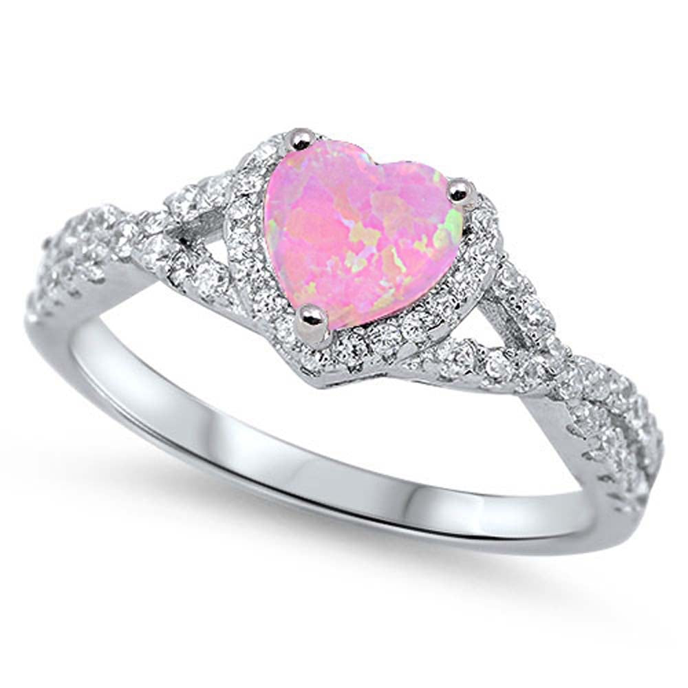Sterling Silver Heart Pink Lab Opal Rings with CZ Stones, Face Height 8mm