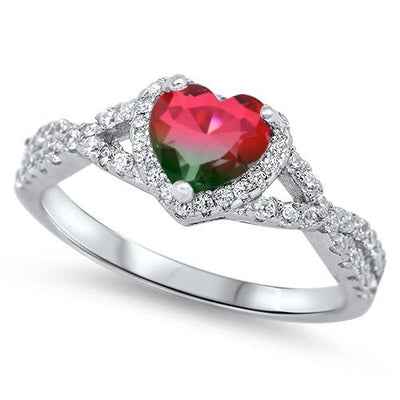 Sterling Silver Heart Watermelon Tourmaline CZ Ring