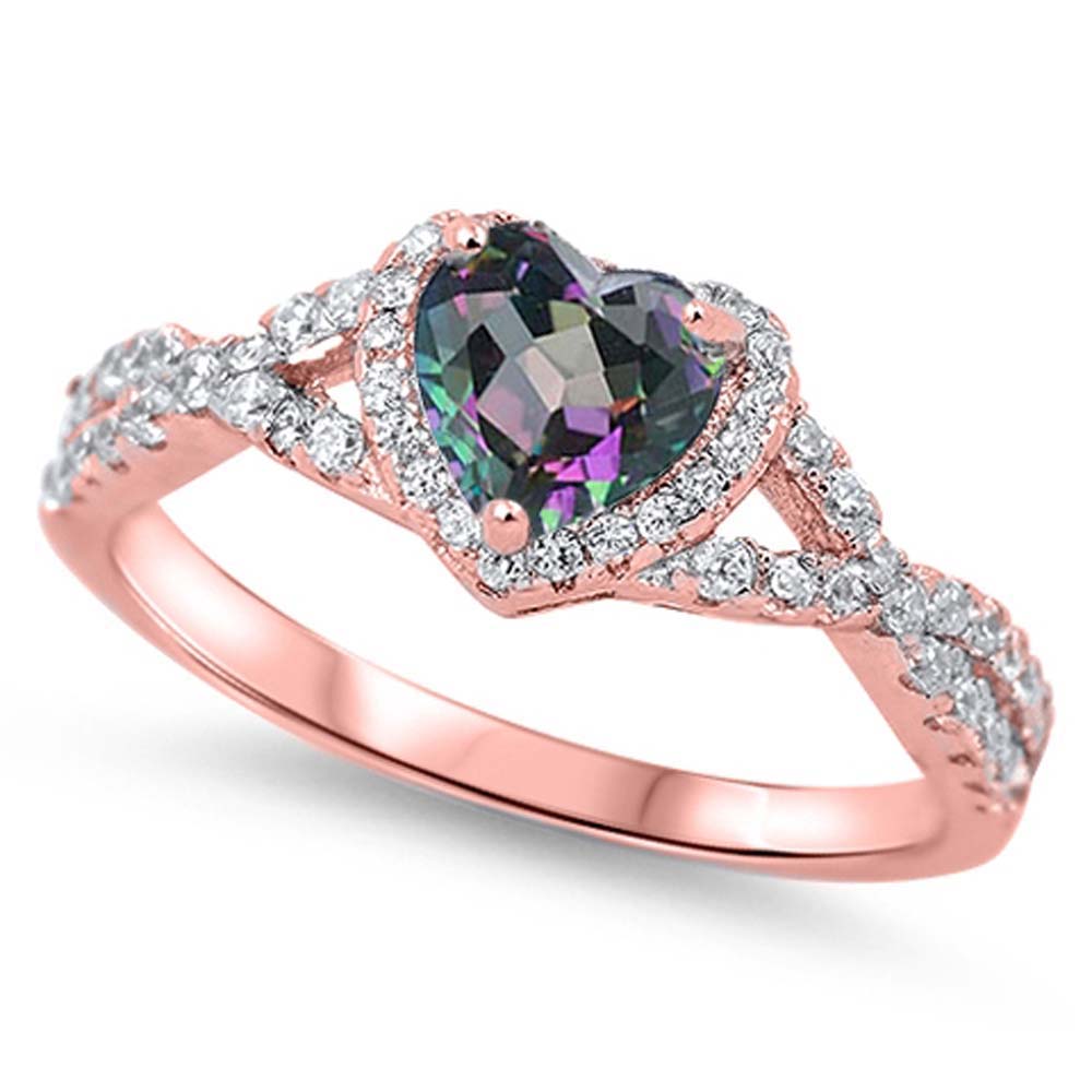 Sterling Silver Heart Shaped Rainbow Topaz CZ with Clear CZ Ring, Face Height 8mm