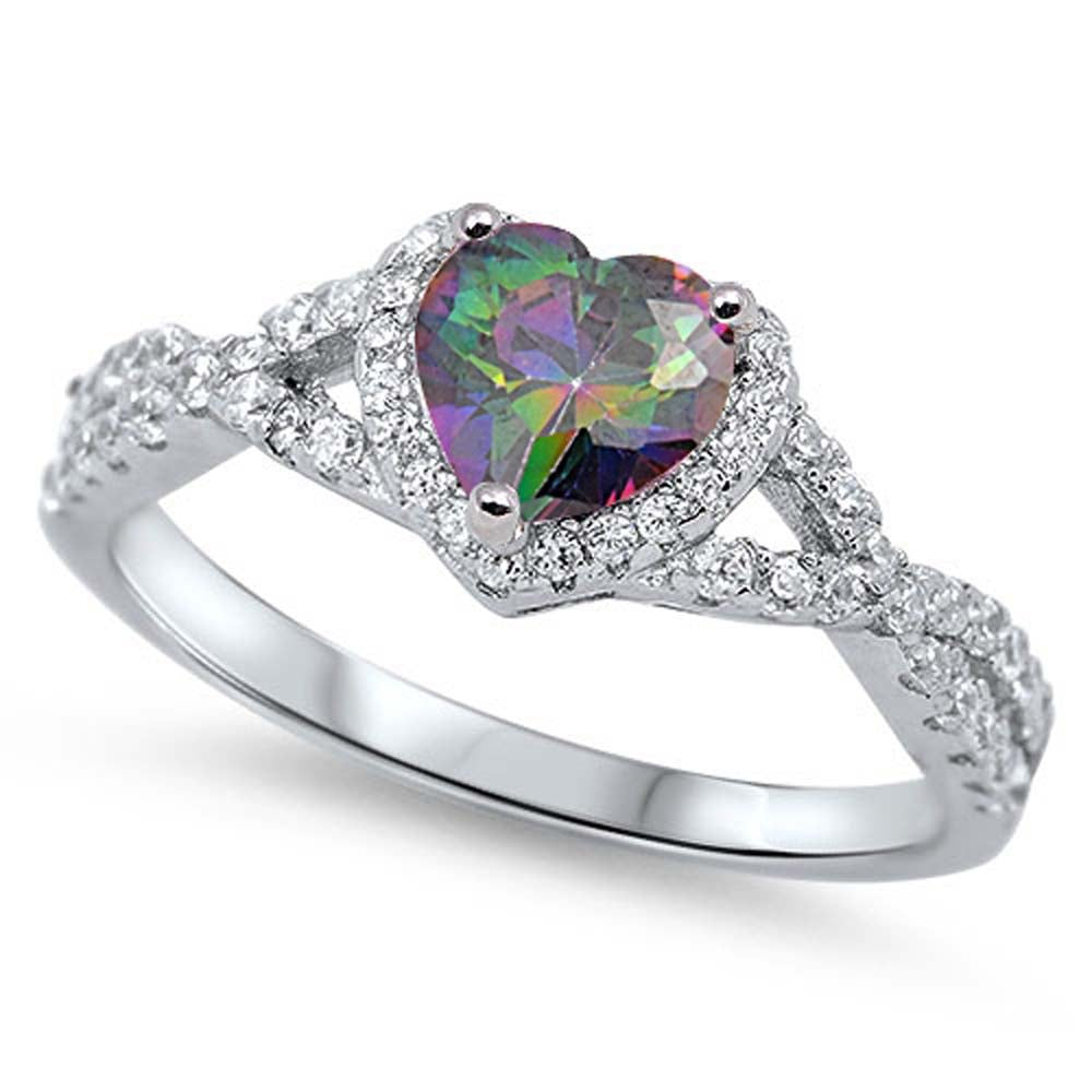 Sterling Silver Heart Shaped Rainbow Topaz Color with Clear CZ Ring, Face Height 8mm