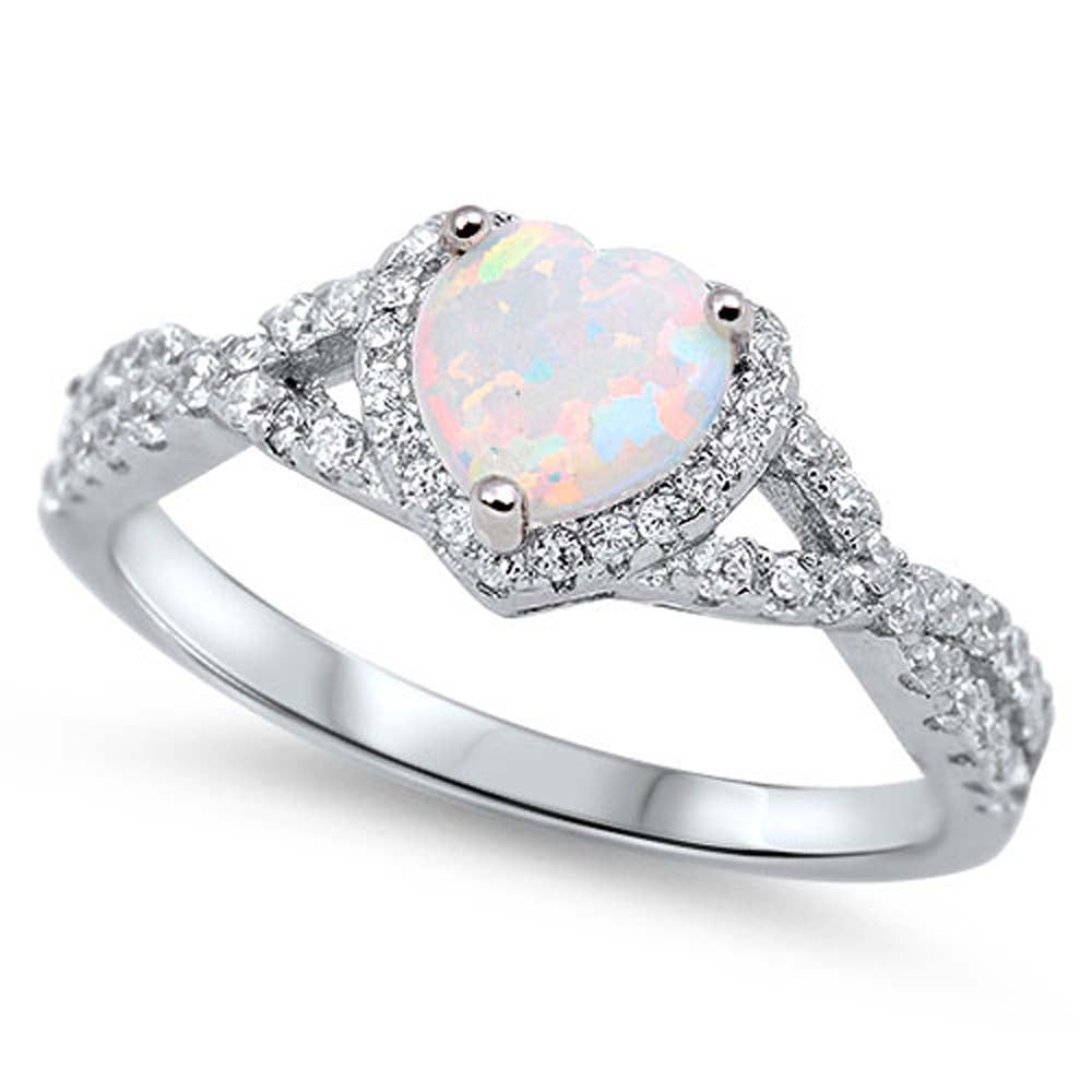 Sterling Silver White Lab Opal Heart with Clear CZ Ring, Face Height of 8MM
