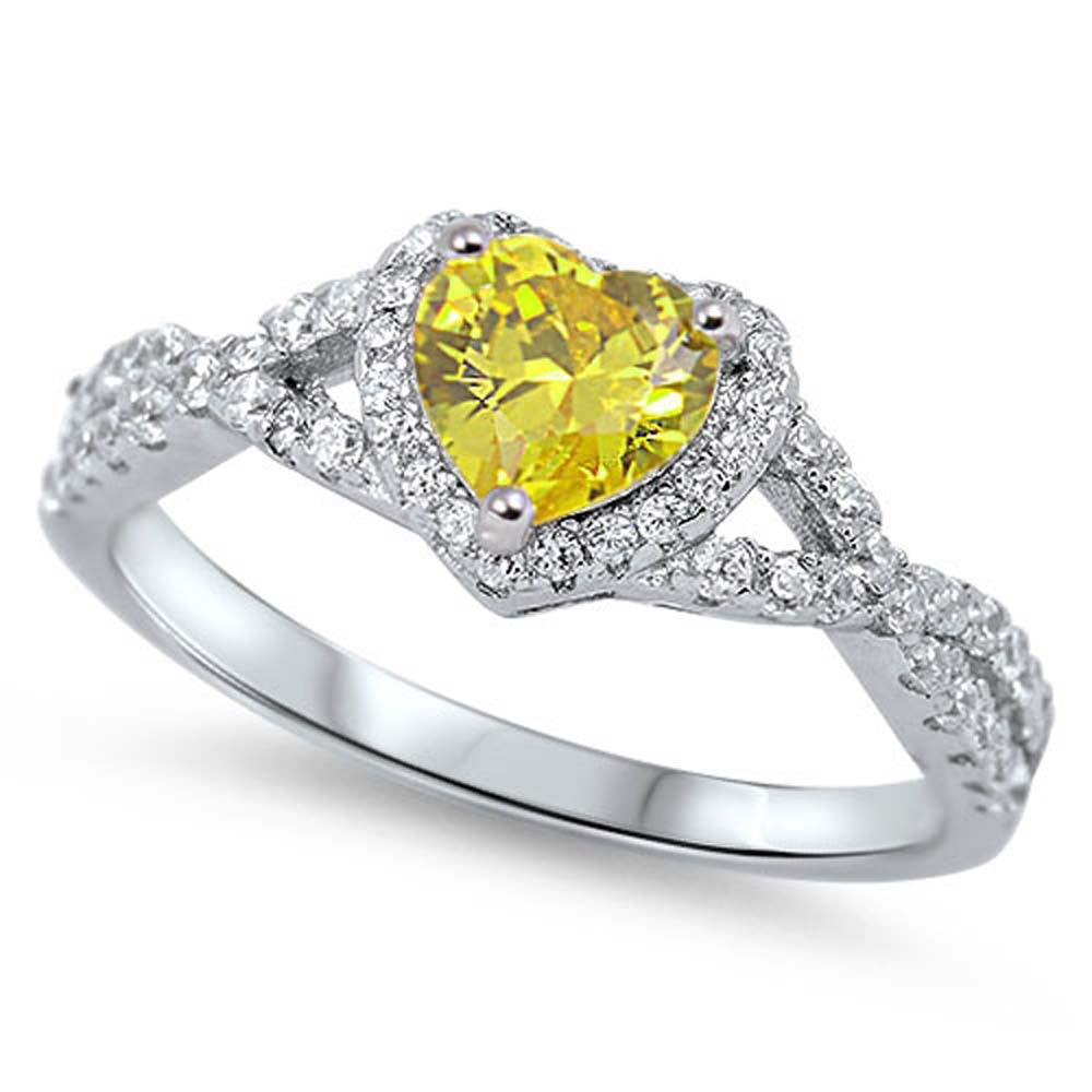 Sterling Silver Yellow Heart Shaped Stone Decorated with Clear CZ Stones Ring, Face Height of 8MM