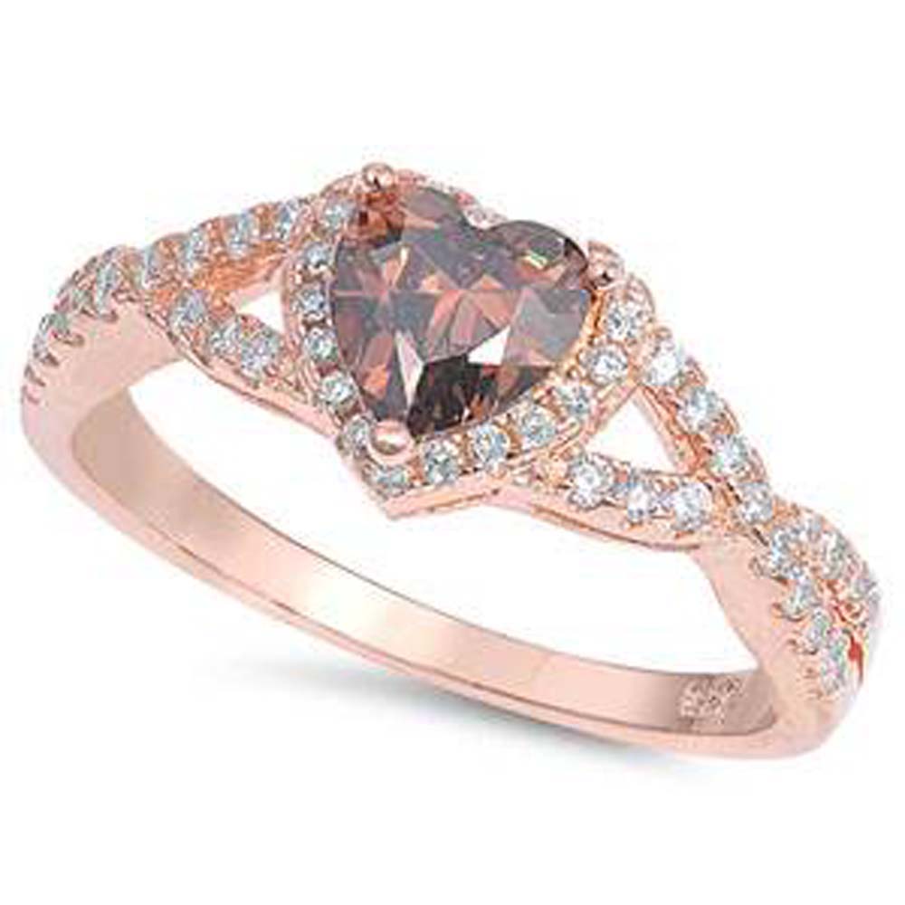 Sterling Silver Heart Cut Coffee Cz with Halo Set Infinity Band Ring with Face Height of 8MM