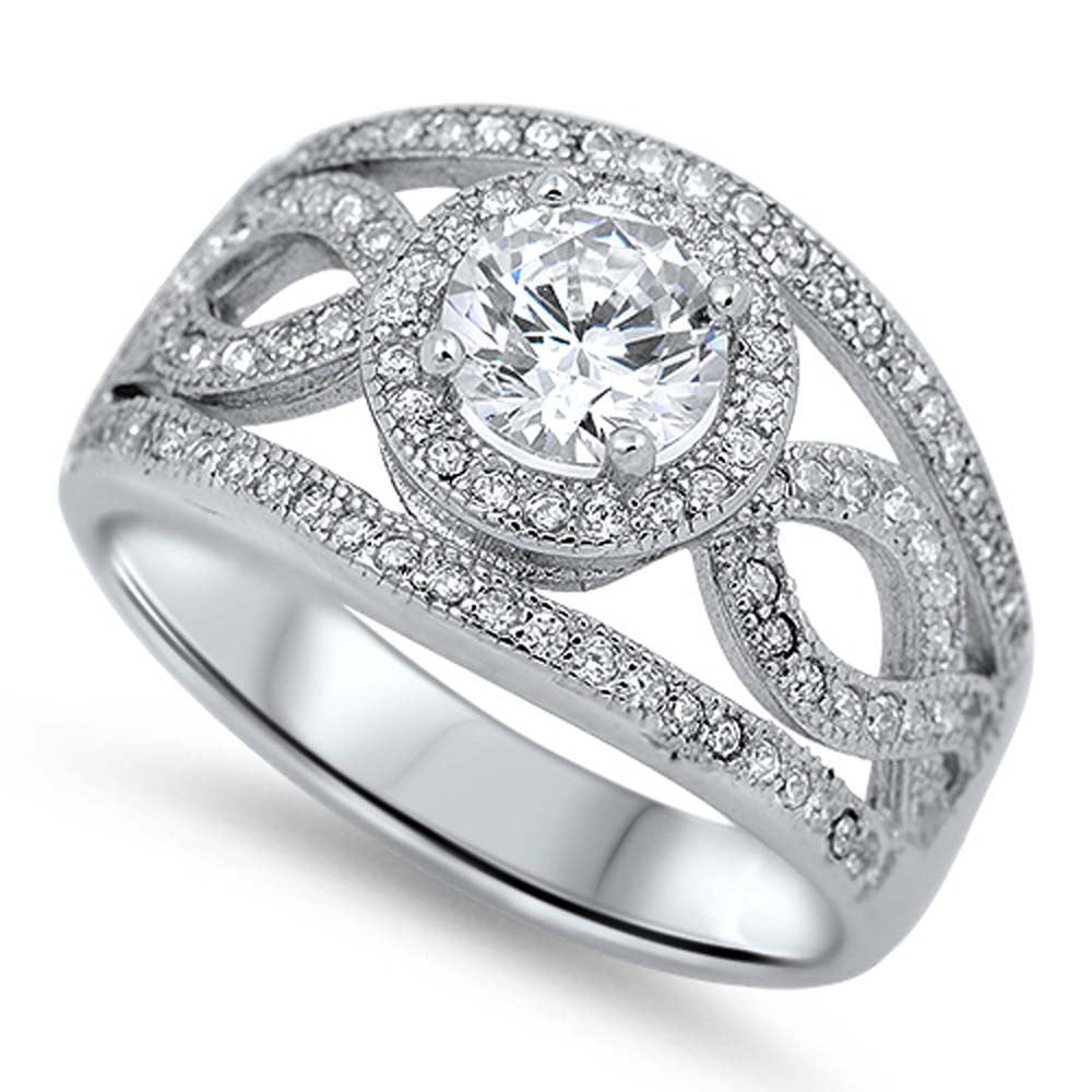Sterling Silver Elegant Design Open Inifinity Design with Halo and Round Clear Cz Center Wide Band RingAnd Face Height of 12MM