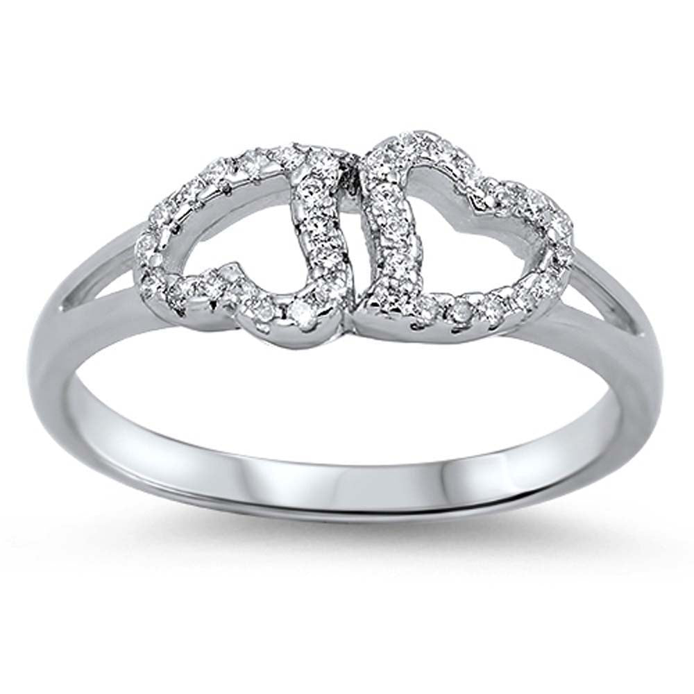 Sterling Silver Trendy Upside Down Double Heart Design with Clear Cz RingAnd Face Height of 6MM