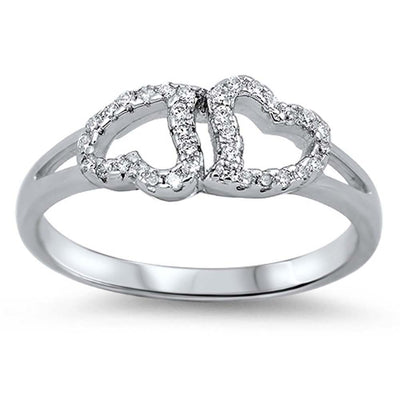 Sterling Silver Trendy Upside Down Double Heart Design with Clear Cz RingAnd Face Height of 6MM