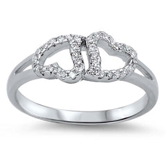 Sterling Silver Trendy Upside Down Double Heart Design with Clear Cz RingAnd Face Height of 6MM