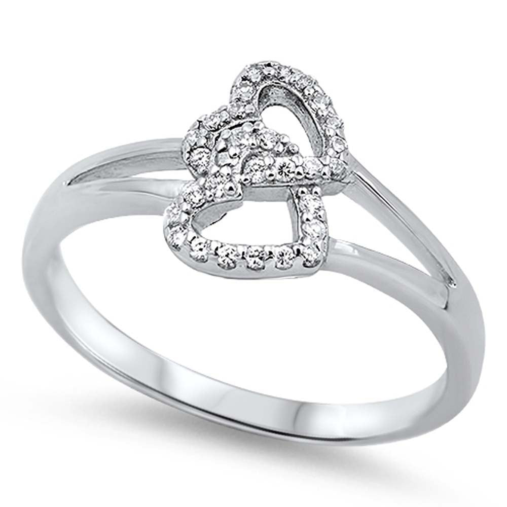 Sterling Silver Stylish Twin Heart Design with Clear Cz RingAnd Face Height of 10MM
