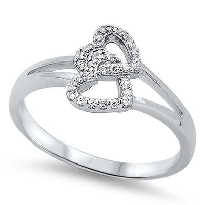 Sterling Silver Stylish Twin Heart Design with Clear Cz RingAnd Face Height of 10MM