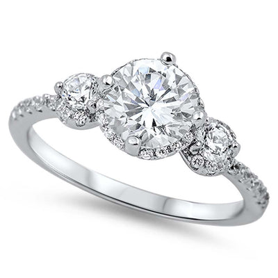 Sterling Silver Stylish Three Solitaire Prong Round Clear Cz with Halo Clear Cz Inlay RingAnd Face Height of 8MM