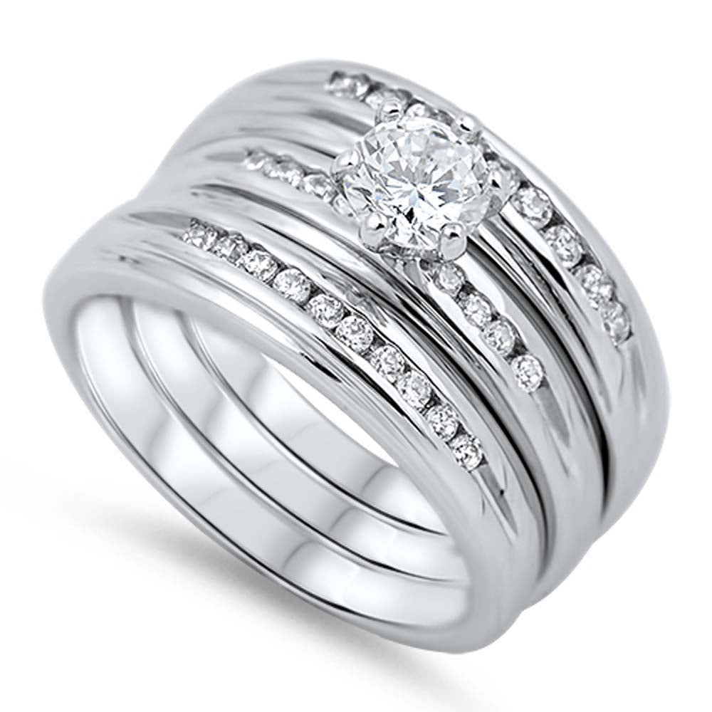 Sterling Silver Bridal Set with Clear Round Solitaire CZ on 6 Prong Setting, Band Width of 2MM and Center Stone Size of 5MM
