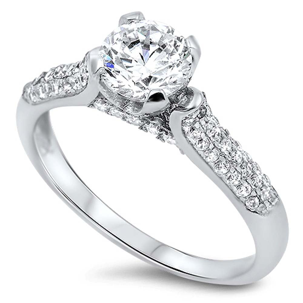 Sterling Silver Stylish Solitaire Round Cut Clear Cz on Center and Band Ring Inlaid with Czs And Face Height of 6MM