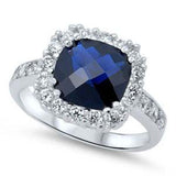 Sterling Silver Simulated Blue Sapphire Square With Clear CZ RingAnd Face Height 13mm