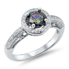 Sterling Silver Classy Solitaire Round Rainbow Topaz Cz with Halo Clear Cz RingAnd Face Height of 10MM