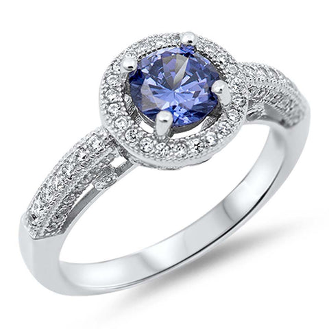 Sterling Silver Classy Solitaire Round Tanzanite Cz with Halo Clear Cz RingAnd Face Height of 10MM