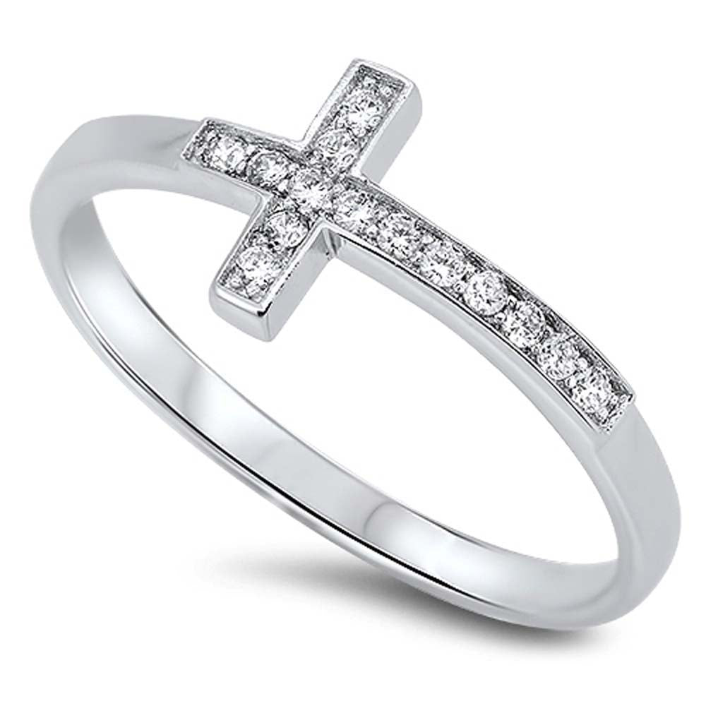 Sterling Silver Stylish Sideway Cross Design with Clear Cz RingAnd Face Height of 8MM