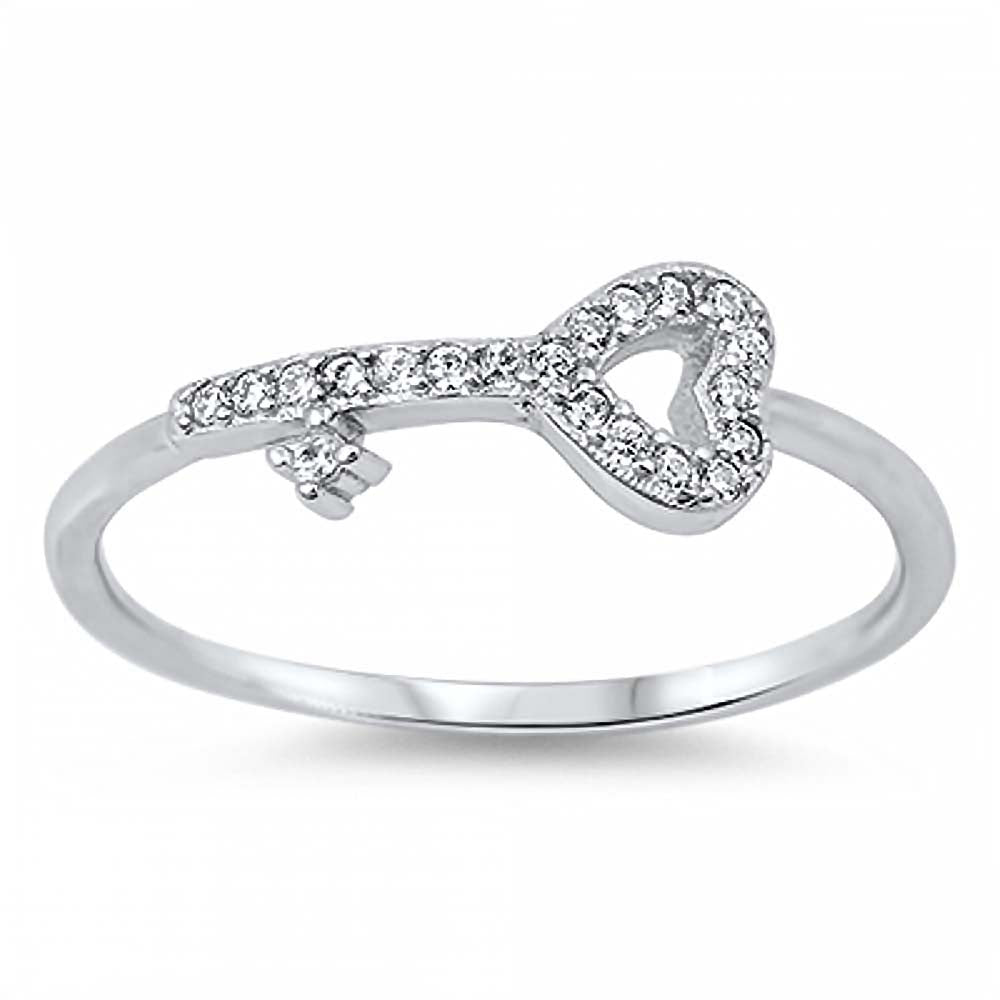 Sterling Silver Trendy Heart Key with Clear Cz RingAnd Face Height of 6MM