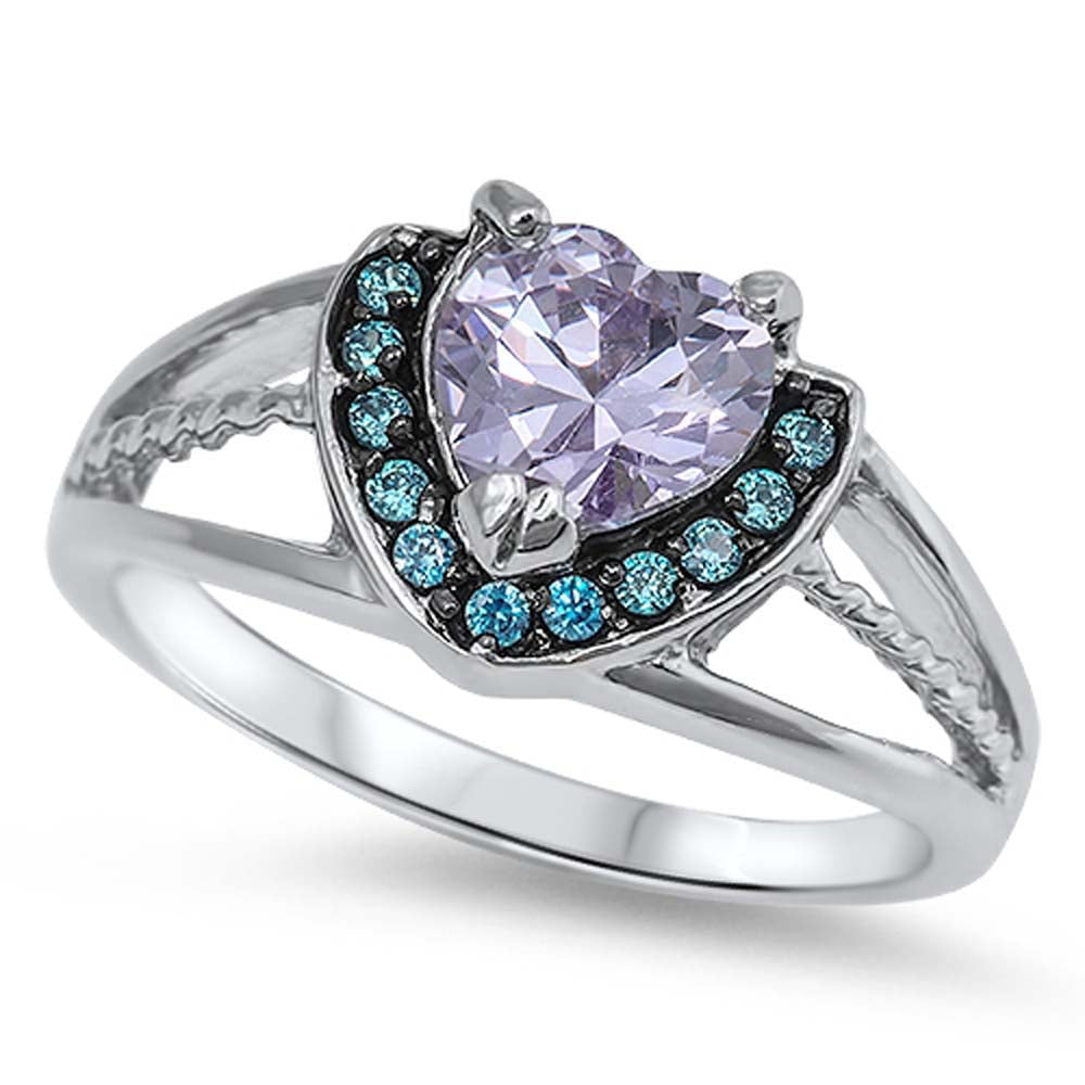 Sterling Silver Fancy Lavender Cz Heart with Blue Topaz Cz Halo Open Cut Band with Twisted Wire on the Center RingAnd Face Height of 9MM