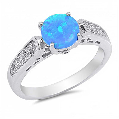 Sterling Silver Round Shaped Blue Opal And Clear CZ RingAnd Face Height 7mm