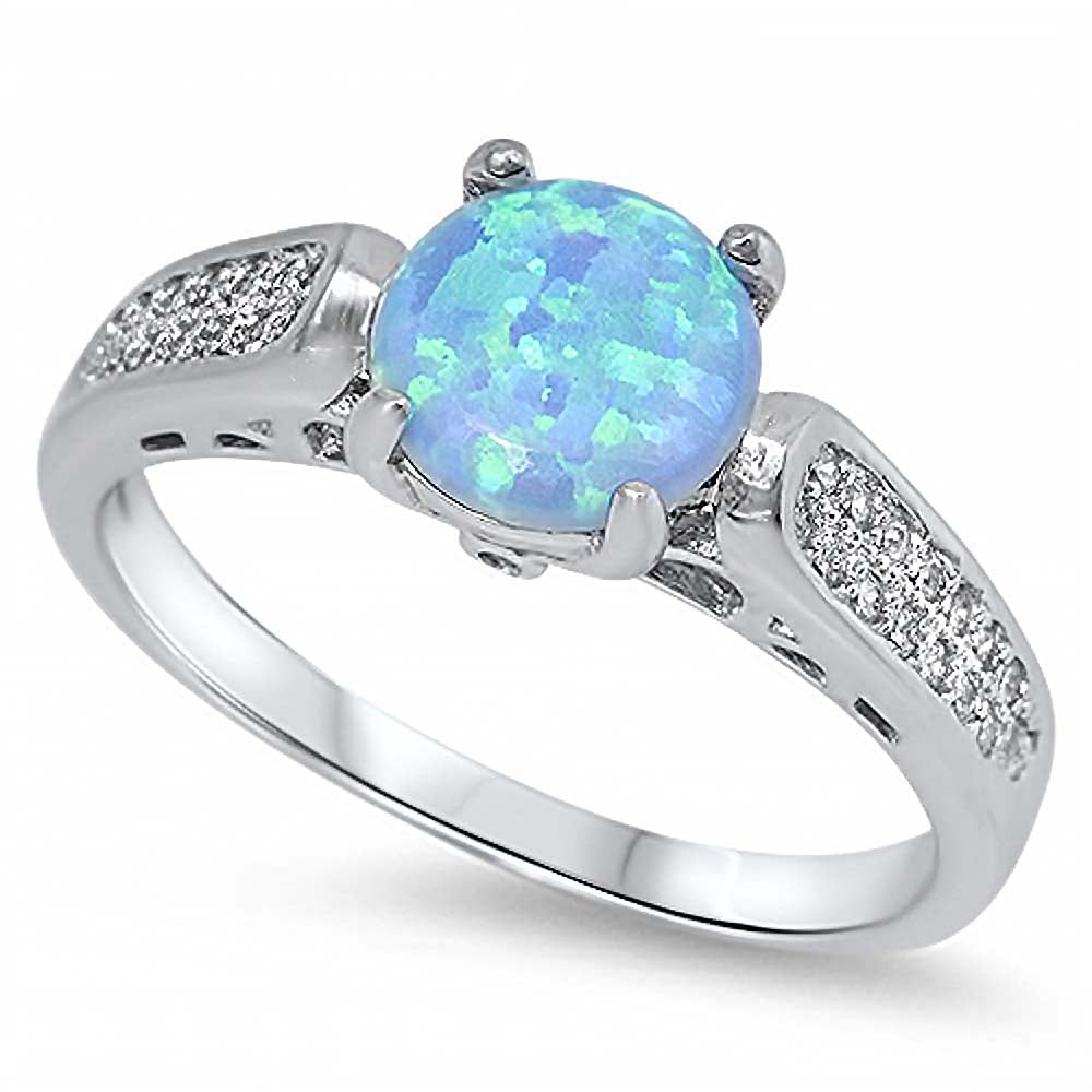 Sterling Silver Solitaire Round Blue Opal with Clear Cz RingAnd Face Height of 7MM