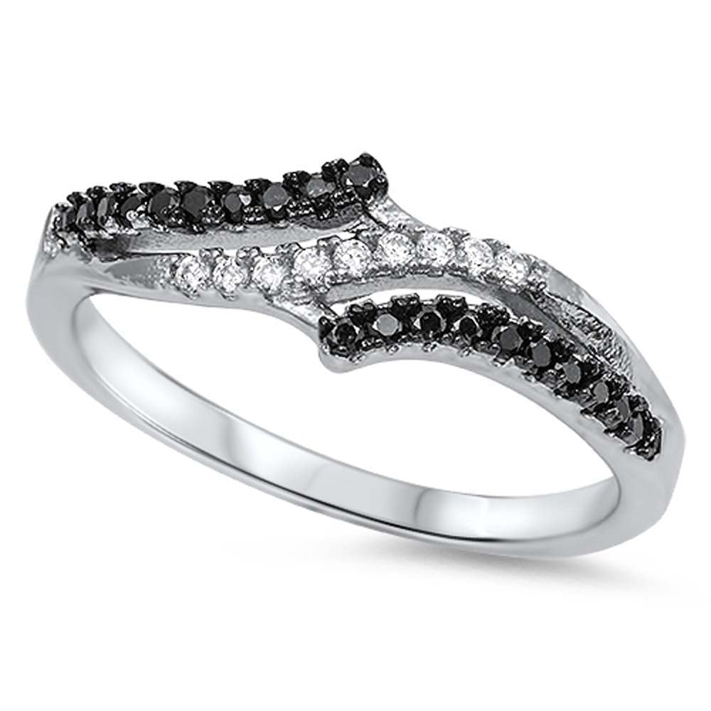 Sterling Silver Fancy Band with Black and Clear Cz RingAnd Face Height of 7MM