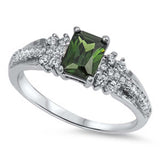 Sterling Silver Elegant Solitaire Prong Olive Green Cz Emerald Cut with Clear Cz Inlay RingAnd Face Height of 7MM