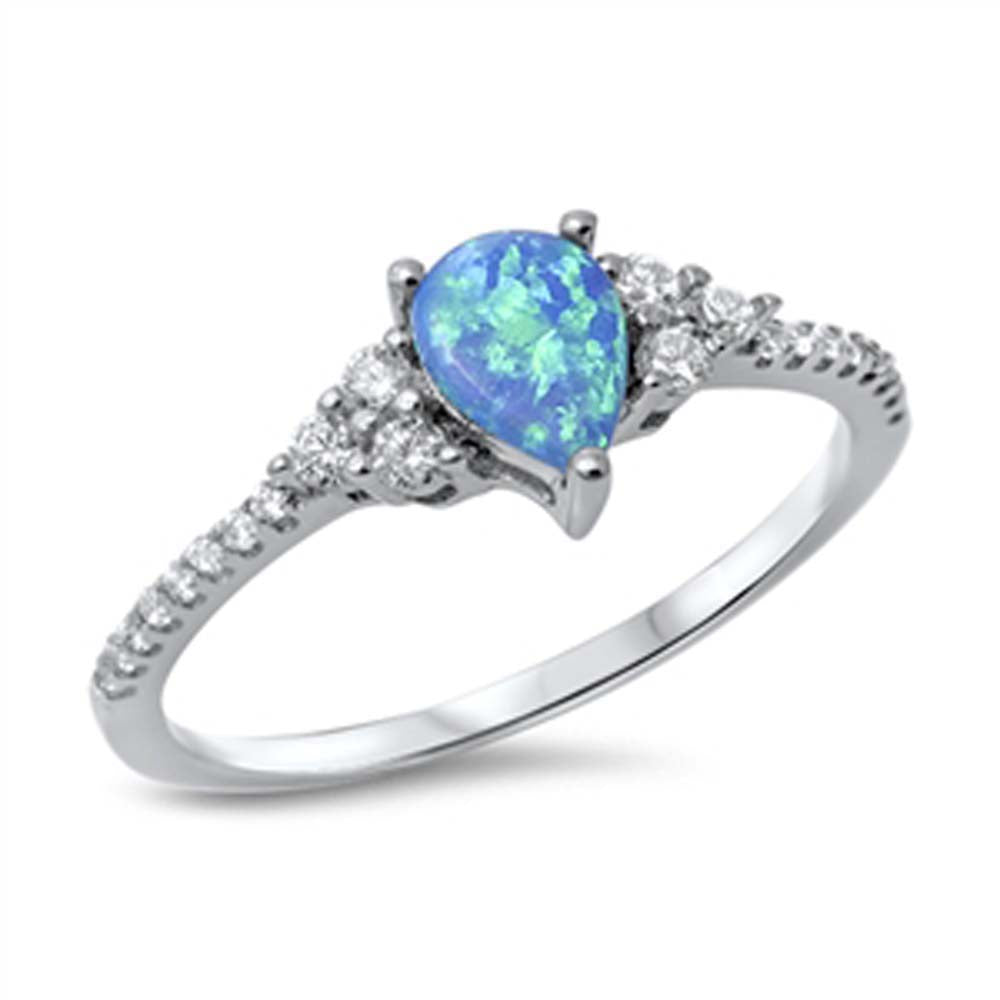 Sterling Silver Stylish Pear Shaped Cut Blue Lab Opal with Round Cut Clear Czs RingAnd Face Height of 7MM