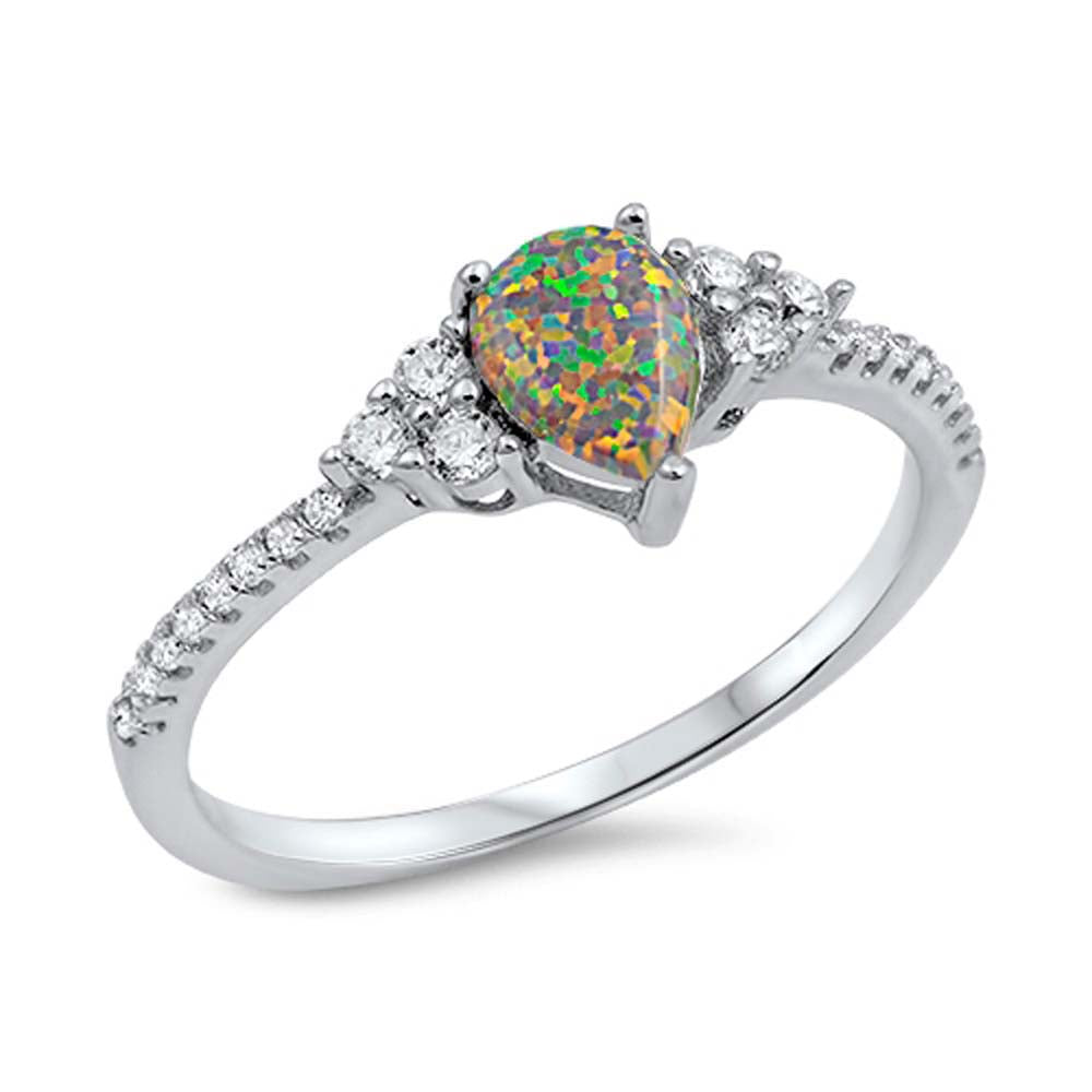 Sterling Silver Heart Shaped Black Lab Opal With Clear CZ Ring