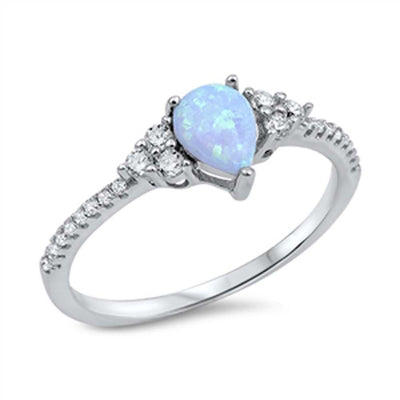 Sterling Silver Stylish Pear Shaped Cut Light Blue Lab Opal with Round Cut Clear Czs RingAnd Face Height of 7MM