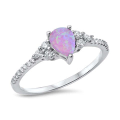 Sterling Silver Pear Shape Pink Lab Opal Rings with CZ Stones, Face Height 7mm