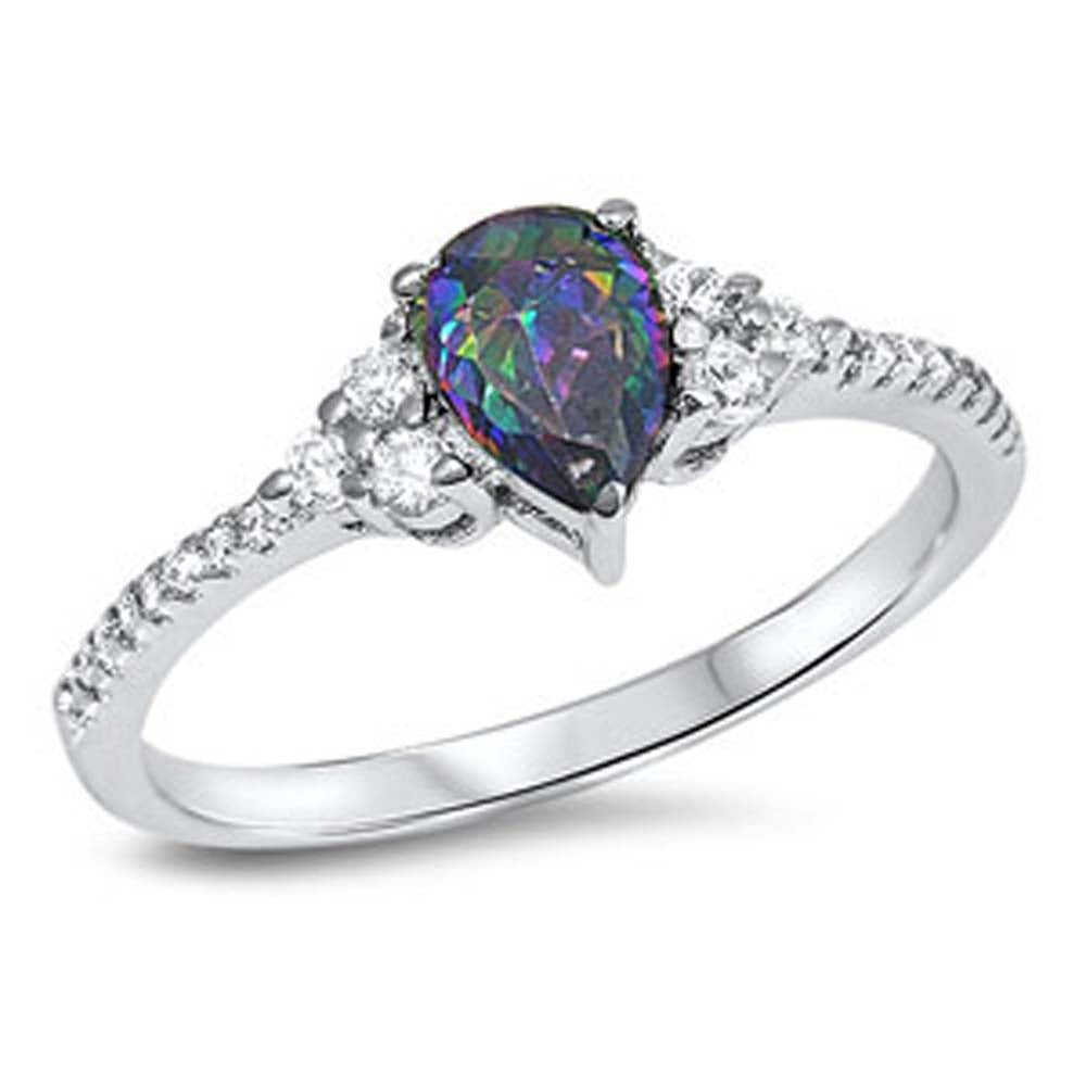 Sterling Silver Modish Pear shape Rainbow Topaz CZ with Inlay Round Clear CZ Ring, Face Height of 7MM