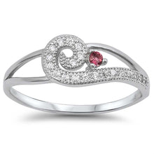 Load image into Gallery viewer, Sterling Silver Fancy Swirl Design with Clear and One Ruby Cz Open Cut Band with Face Height of 7MM