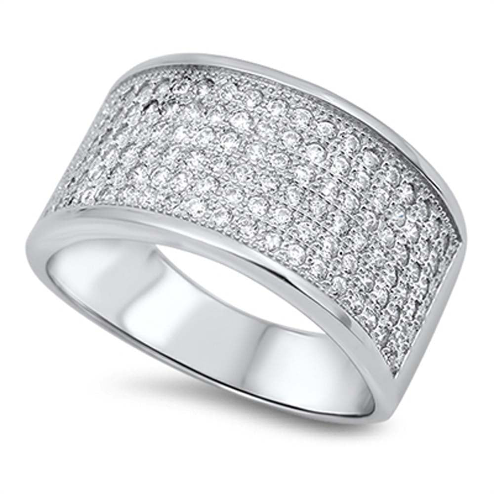 Sterling Silver Micro Pave Clear Cz Band Ring with Face Height of 11MM