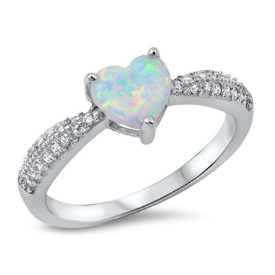 Sterling silver Ring with a Heart white Opal Center and Clear Cz\'sAnd Face Height of 7MM