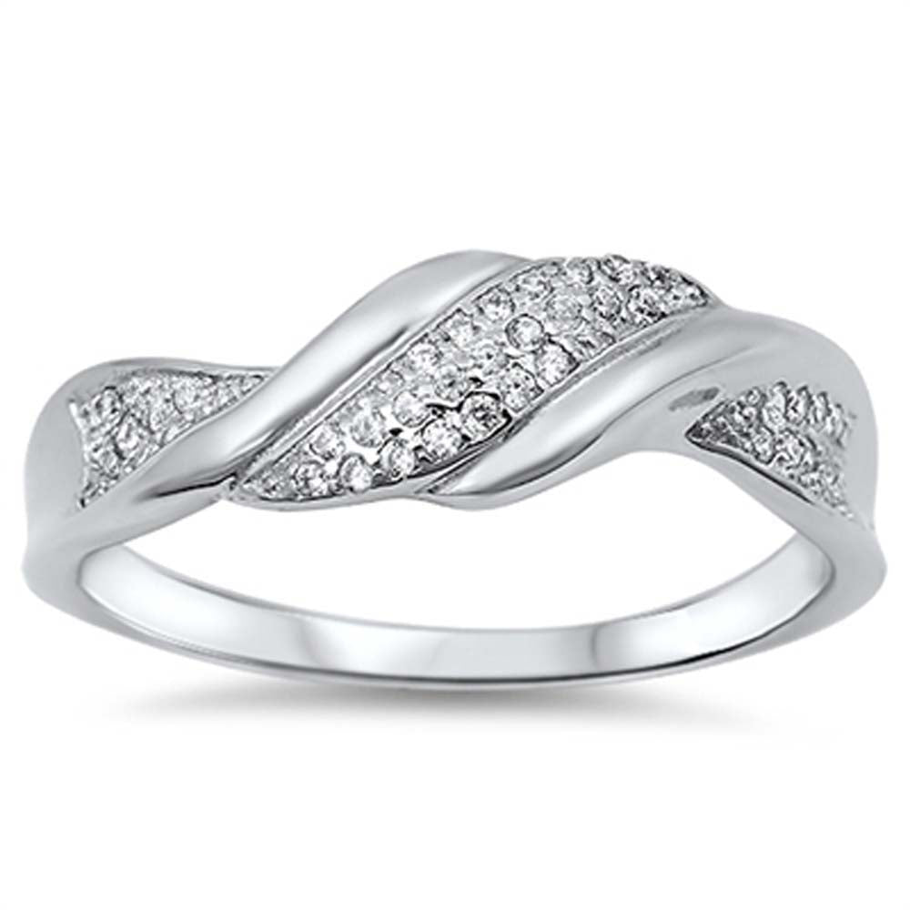 Sterling Silver Stylish Twisted Band with Micro Pave Clear Cz RingAnd Face Height of 6MM