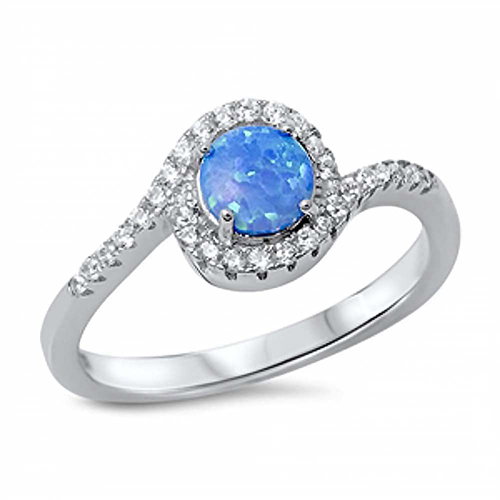 Sterling Silver Swirl Band Ring Inlaid with Clear Czs and Centered Round Cut Blue Lab Opal StoneAnd Face Height of 9MM