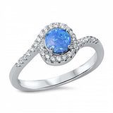 Sterling Silver Classy Swirl Band Ring Inlaid with Clear Czs and Centered Round Cut Blue Lab Opal StoneAnd Face Height of 9MM
