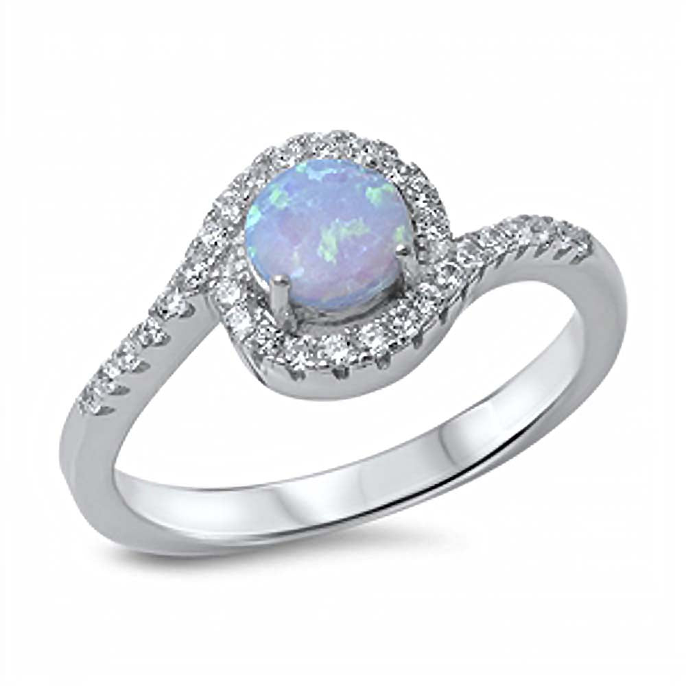 Sterling Silver Swirl Band Ring Inlaid with Clear Czs and Centered Round Cut Light Blue Lab Opal StoneAnd Face Height of 9MM