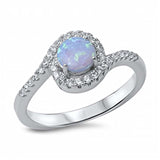 Sterling Silver Classy Swirl Band Ring Inlaid with Clear Czs and Centered Round Cut Light Blue Lab Opal StoneAnd Face Height of 9MM