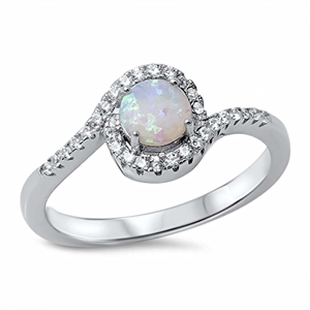 Sterling Silver Swirl Band Ring Inlaid with Clear Czs and Centered Round Cut White Lab Opal Stone, Face Height of 9MM