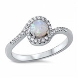 Sterling Silver Classy Swirl Band Ring Inlaid with Clear Czs and Centered Round Cut White Lab Opal StoneAnd Face Height of 9MM