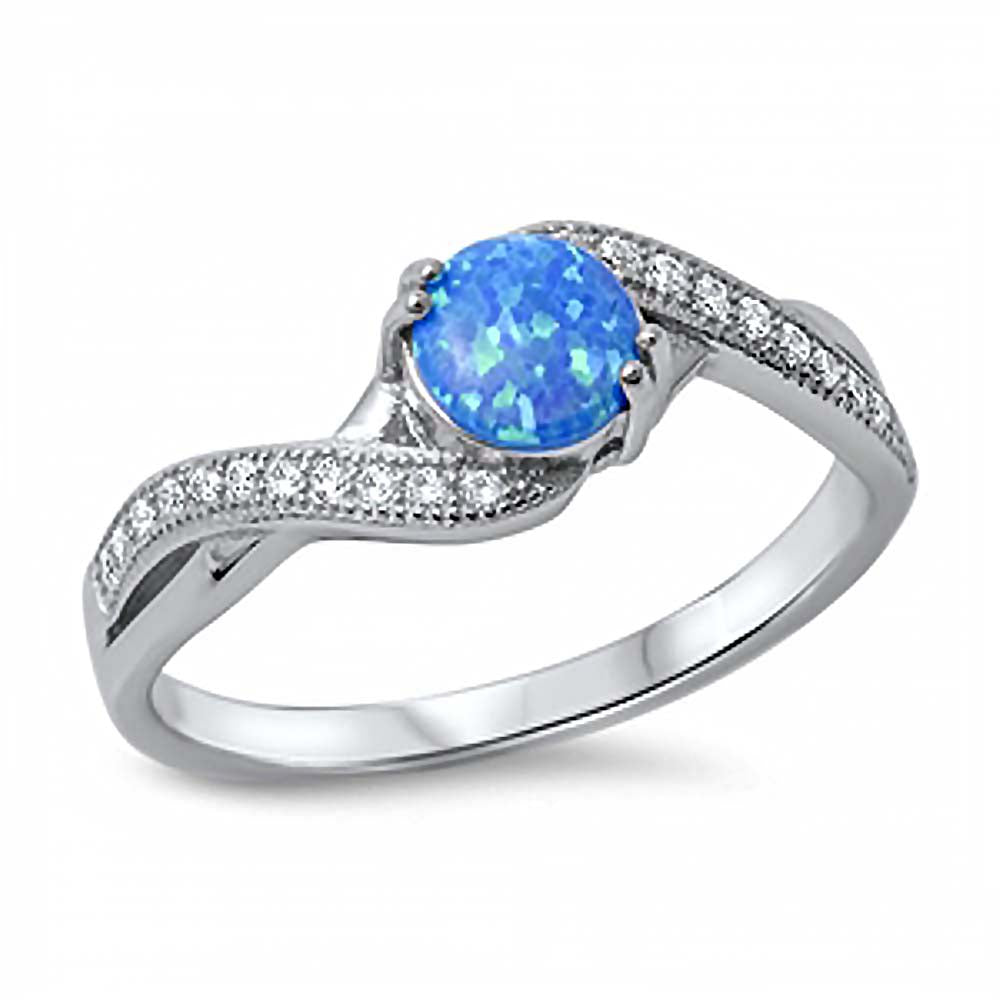 Sterling Silver Twisted Eternity Band Ring Inlaid with Clear Czs and Centered Round Cut Blue Lab Opal StoneAnd Face Height of 7MM