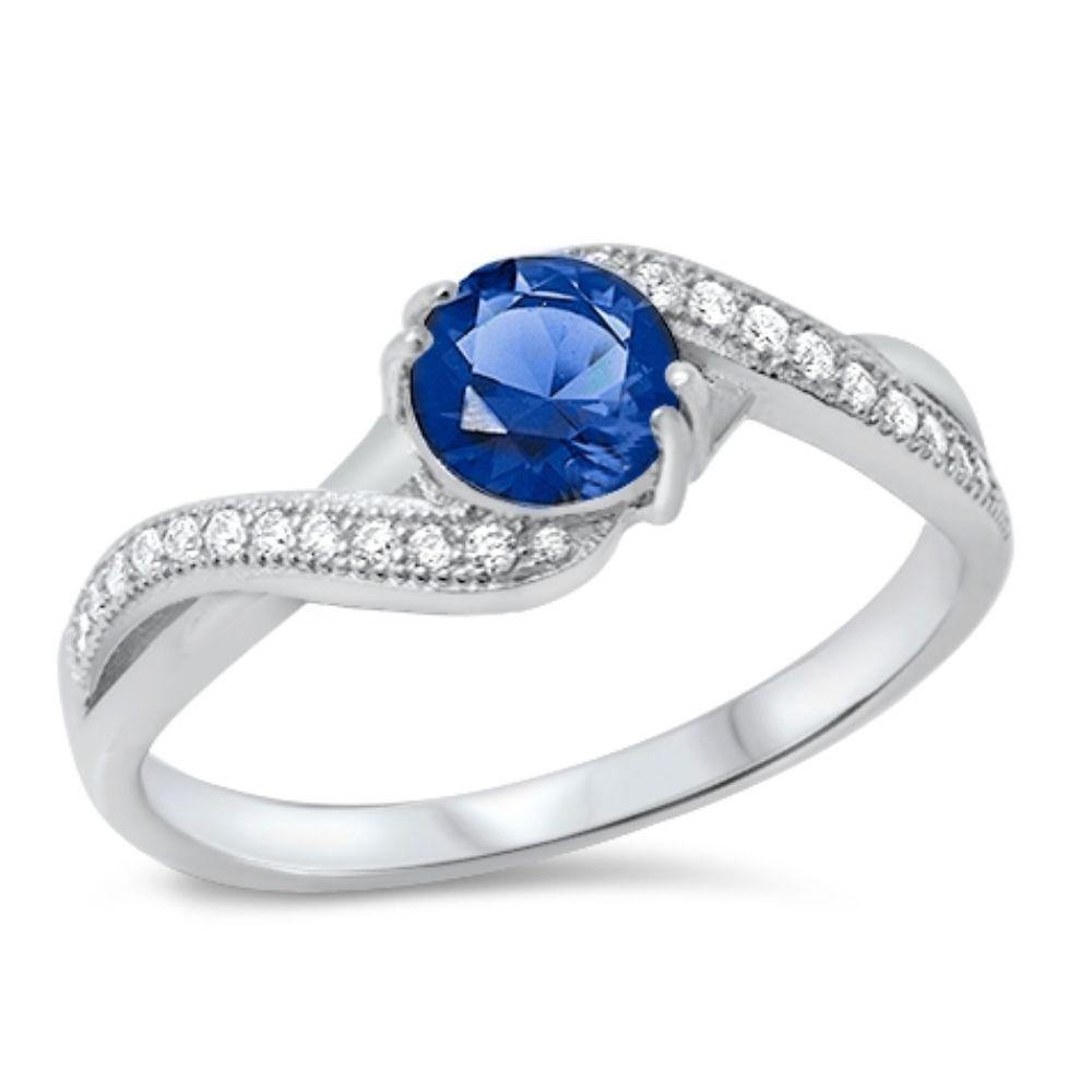 Sterling Silver Rhodium Plated Blue Sapphire CZ and Clear CZ Ring - silverdepot