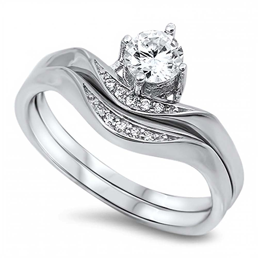 Sterling Silver Bridal Set Chevron Band Inlaid with Pave CZ and Clear Round Solitaire CZ on Prong Setting, Band Width of 1.5MM and Stone Size of 5MM