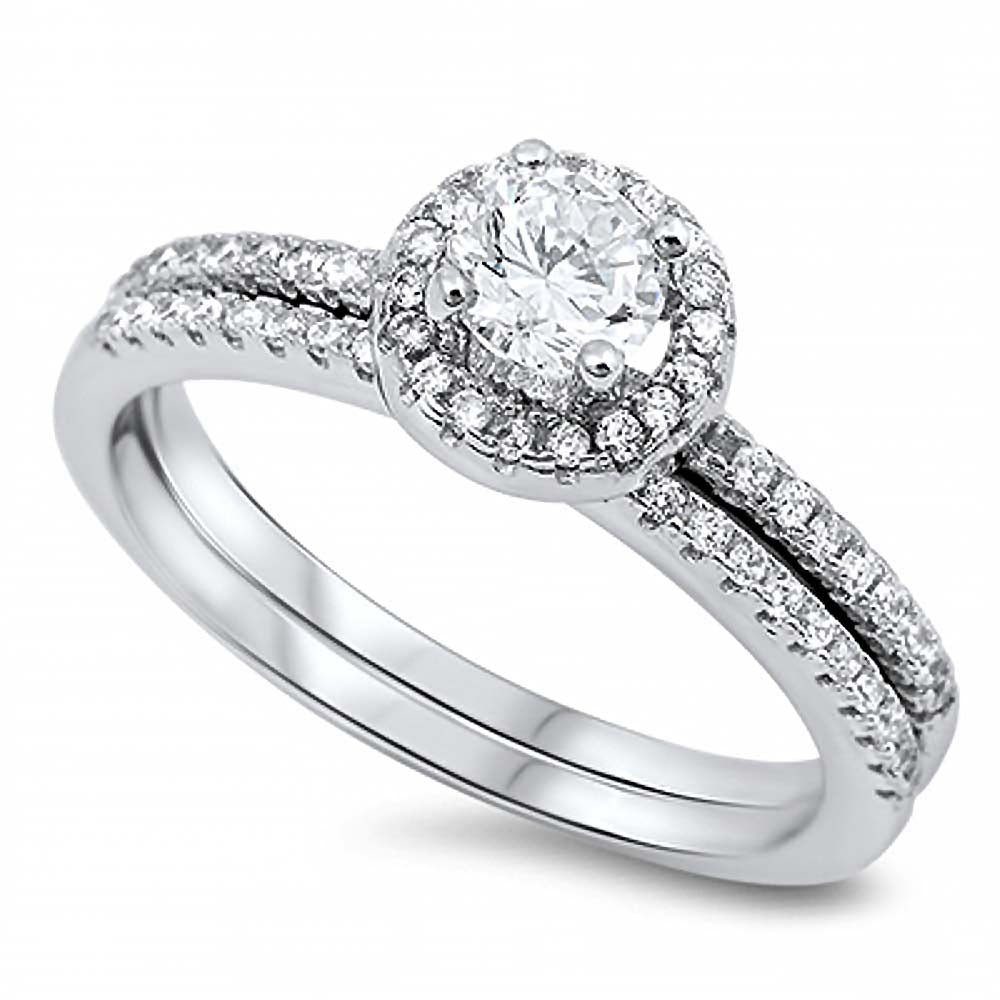 Sterling Silver Eternity Band with Pave CZ with Centered Clear Round 5mm Solitaire Halo Pave Setting Engagement Ring, Band Width of 2MM