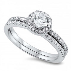 Sterling Silver Eternity Band with Pave CZ with Centered Clear Round 5mm Solitaire Halo Pave Setting Engagement Ring, Band Width of 2MM